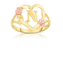 Load image into Gallery viewer, 10k Yellow Gold A-Z Initial Ring with Heart and Rose Gold Flower Design, Sizes 4-9