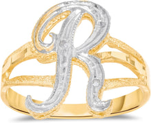 Load image into Gallery viewer, 10k Two-Tone Yellow Gold and White Gold 15mm Personalized A-Z Initial Cursive Letter Ring, Sizes 3 - 10