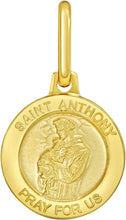Load image into Gallery viewer, Italian 14k Yellow Gold 12mm Saint St. Anthony San Antonio Pray For Us Medallion Religious Charm Pendant with Optional Necklace, 16-17-18 Inch