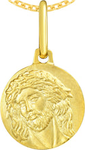 Load image into Gallery viewer, Italian 14k Yellow Gold 11mm Jesus Face Medallion Religious Charm Pendant with Optional Necklace, 16-17-18 Inch