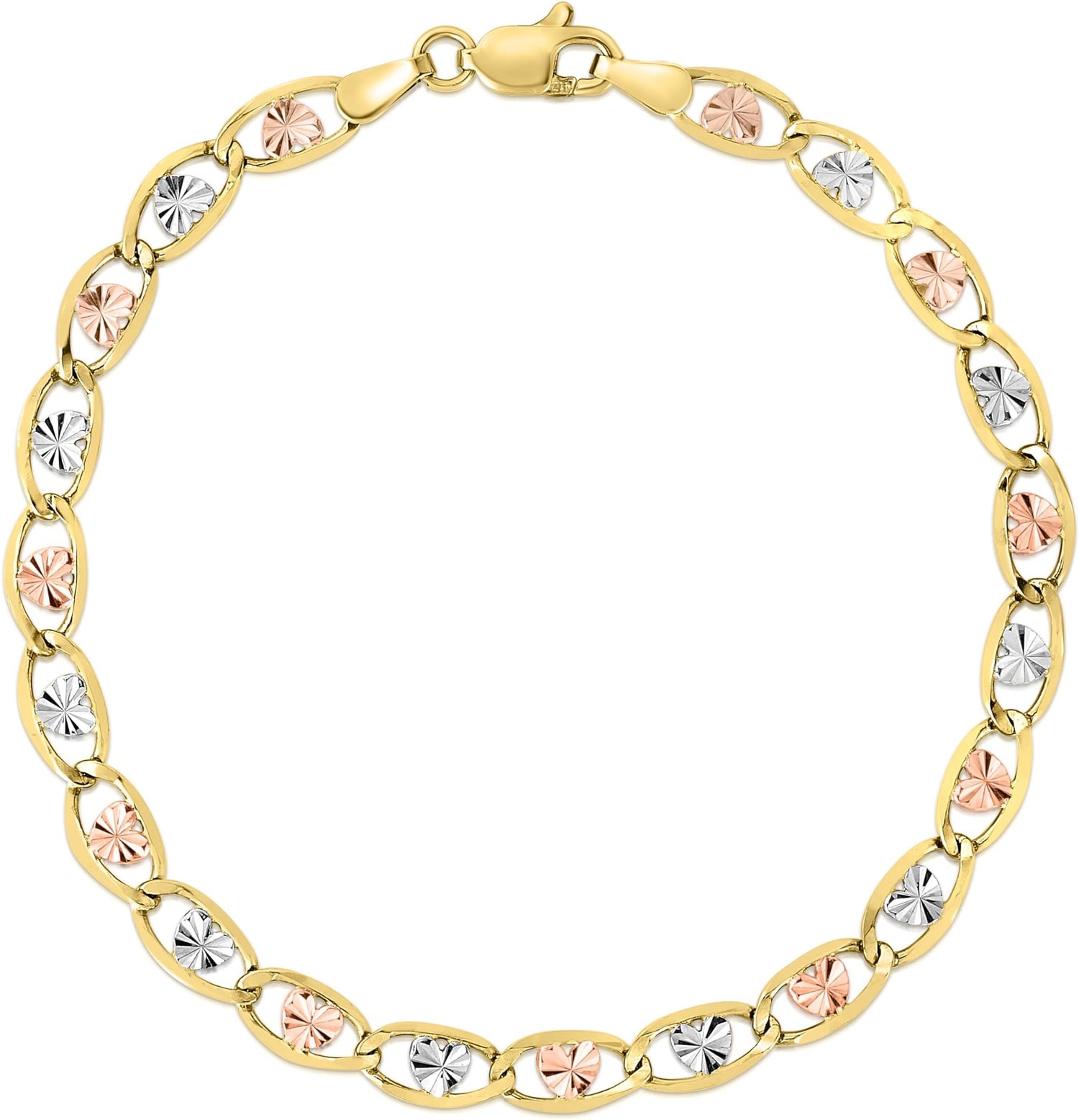 10k Tri-Color Gold 3.5mm Valentino Heart Link Chain Bracelet or Anklet