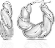 Load image into Gallery viewer, 925 Sterling Silver or 14k Gold over Silver 25.3mm Puffy Graduated Twisted Hoop Earrings