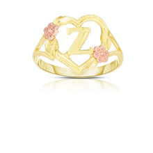 Load image into Gallery viewer, 10k Yellow Gold A-Z Initial Ring with Heart and Rose Gold Flower Design, Sizes 4-9