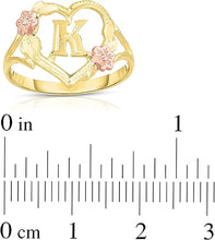 Load image into Gallery viewer, 10k Yellow Gold A-Z Initial Ring with Heart and Rose Gold Flower Design, Sizes 4-9