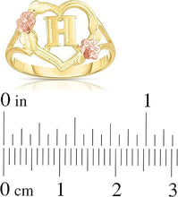 Load image into Gallery viewer, 10k Yellow Gold A-Z Initial Ring with Heart and Rose Gold Flower Design, Sizes 4-9