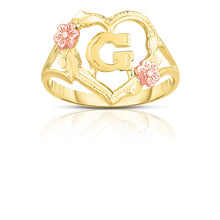 Load image into Gallery viewer, 10k Yellow Gold A-Z Initial Ring with Heart and Rose Gold Flower Design, Sizes 4-9
