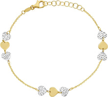 Load image into Gallery viewer, 14k Two-Tone Gold 6mm Diamond-Cut Heart Charm Bracelet, Adjustable 6.5 Inch-7.5"