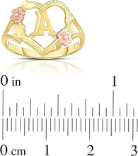 Load image into Gallery viewer, 10k Yellow Gold A-Z Initial Ring with Heart and Rose Gold Flower Design, Sizes 4-9
