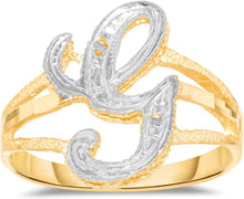 Load image into Gallery viewer, 10k Two-Tone Yellow Gold and White Gold 15mm Personalized A-Z Initial Cursive Letter Ring, Sizes 3 - 10