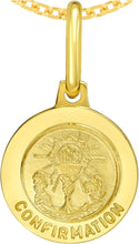 Load image into Gallery viewer, Italian 14k Yellow Gold 12mm Sacrament of Confirmation Medallion Religious Charm Pendant with Optional Necklace, 16-17-18 Inch