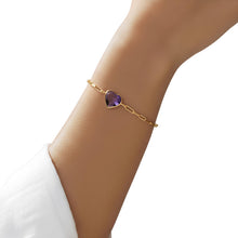 Load image into Gallery viewer, Floreo 14k Yellow Gold Paperclip Chain Heart Gemstone Bracelet 7 Inch