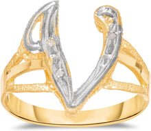 Load image into Gallery viewer, 10k Two-Tone Yellow Gold and White Gold 15mm Personalized A-Z Initial Cursive Letter Ring, Sizes 3 - 10