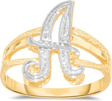 Load image into Gallery viewer, 10k Two-Tone Yellow Gold and White Gold 15mm Personalized A-Z Initial Cursive Letter Ring, Sizes 3 - 10