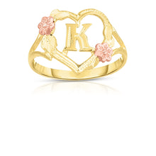 Load image into Gallery viewer, 10k Yellow Gold A-Z Initial Ring with Heart and Rose Gold Flower Design, Sizes 4-9