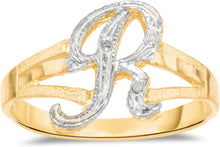 Load image into Gallery viewer, 10k Two-Tone Yellow Gold and White Gold 8.5mm Personalized A-Z Initial Cursive Letter Ring, Sizes 3 - 10