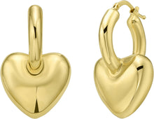 Load image into Gallery viewer, 14k Yellow Gold 32mm Puffy Heart Dangle Huggie Hoops Earrings
