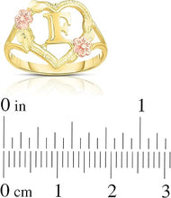 Load image into Gallery viewer, 10k Yellow Gold A-Z Initial Ring with Heart and Rose Gold Flower Design, Sizes 4-9