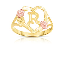 Load image into Gallery viewer, 10k Yellow Gold A-Z Initial Ring with Heart and Rose Gold Flower Design, Sizes 4-9