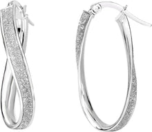 Load image into Gallery viewer, 14k White Gold Twisted Oval Glitter Hoop Earrings
