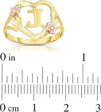 Load image into Gallery viewer, 10k Yellow Gold A-Z Initial Ring with Heart and Rose Gold Flower Design, Sizes 4-9