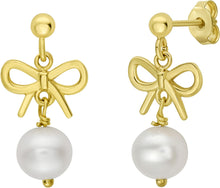 Load image into Gallery viewer, 14k Yellow Gold 23mm Bow Pearl Drop Earrings