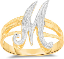 Load image into Gallery viewer, 10k Two-Tone Yellow Gold and White Gold 15mm Personalized A-Z Initial Cursive Letter Ring, Sizes 3 - 10