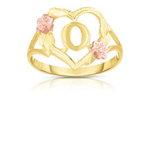 Load image into Gallery viewer, 10k Yellow Gold A-Z Initial Ring with Heart and Rose Gold Flower Design, Sizes 4-9