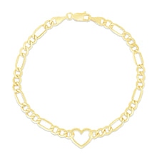 Load image into Gallery viewer, 14k Yellow Gold 4.5mm Lite Polished Heart Figaro Charm Bracelet, 7 Inch