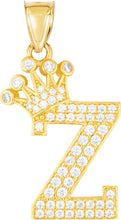 Load image into Gallery viewer, 10k Yellow Gold 0.8" Pave CZ Personalized Crown Alphabet Letter A - Z Initial Charm Pendant with optional Chain Necklace