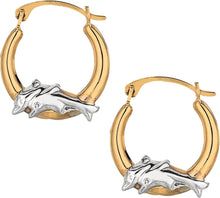 Load image into Gallery viewer, 10k Yellow Gold 15mm Dolphin Two-Tone Hoop Earrings