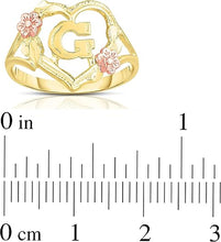 Load image into Gallery viewer, 10k Yellow Gold A-Z Initial Ring with Heart and Rose Gold Flower Design, Sizes 4-9