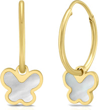 Load image into Gallery viewer, 14k Yellow Gold 19.2mm Mother of Pearl Dangle Butterfly Huggie Earrings