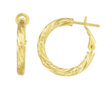 Load image into Gallery viewer, 14k Yellow Gold 3mm x 15mm Diamond Cut Twist Omega Back Hoop Earrings