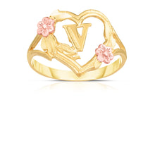 Load image into Gallery viewer, 10k Yellow Gold A-Z Initial Ring with Heart and Rose Gold Flower Design, Sizes 4-9