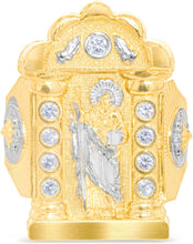 Load image into Gallery viewer, 10k Yellow Gold 28.7mm Two-Tone Saint Barbara Arch Praying Hands CZ Ring, Sizes 6-13
