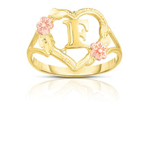 Load image into Gallery viewer, 10k Yellow Gold A-Z Initial Ring with Heart and Rose Gold Flower Design, Sizes 4-9