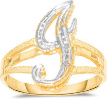 Load image into Gallery viewer, 10k Two-Tone Yellow Gold and White Gold 15mm Personalized A-Z Initial Cursive Letter Ring, Sizes 3 - 10