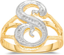 Load image into Gallery viewer, 10k Two-Tone Yellow Gold and White Gold 15mm Personalized A-Z Initial Cursive Letter Ring, Sizes 3 - 10