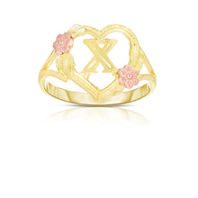 Load image into Gallery viewer, 10k Yellow Gold A-Z Initial Ring with Heart and Rose Gold Flower Design, Sizes 4-9