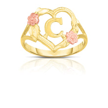 Load image into Gallery viewer, 10k Yellow Gold A-Z Initial Ring with Heart and Rose Gold Flower Design, Sizes 4-9
