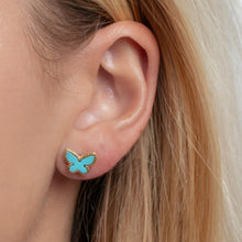 Load image into Gallery viewer, 14k Yellow Gold 8mm Turquoise, Malachite or Mother of Pearl Butterfly Studs Gemstone Earrings