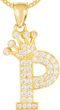 Load image into Gallery viewer, 10k Yellow Gold 0.8" Pave CZ Personalized Crown Alphabet Letter A - Z Initial Charm Pendant with optional Chain Necklace
