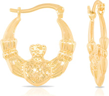 Load image into Gallery viewer, 10k Yellow Gold 21.7mm Ribbed Claddagh Heart Shape Hoop Earrings