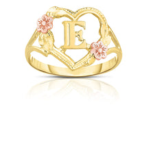Load image into Gallery viewer, 10k Yellow Gold A-Z Initial Ring with Heart and Rose Gold Flower Design, Sizes 4-9