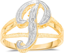 Load image into Gallery viewer, 10k Two-Tone Yellow Gold and White Gold 15mm Personalized A-Z Initial Cursive Letter Ring, Sizes 3 - 10