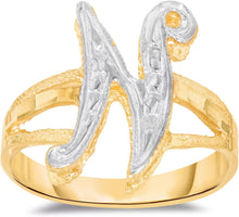 Load image into Gallery viewer, 10k Two-Tone Yellow Gold and White Gold 15mm Personalized A-Z Initial Cursive Letter Ring, Sizes 3 - 10