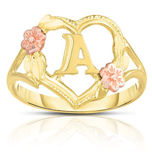 Load image into Gallery viewer, 10k Yellow Gold A-Z Initial Ring with Heart and Rose Gold Flower Design, Sizes 4-9