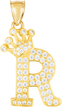 Load image into Gallery viewer, 10k Yellow Gold 0.8" Pave CZ Personalized Crown Alphabet Letter A - Z Initial Charm Pendant with optional Chain Necklace