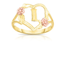Load image into Gallery viewer, 10k Yellow Gold A-Z Initial Ring with Heart and Rose Gold Flower Design, Sizes 4-9
