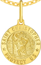 Load image into Gallery viewer, Italian 14k Yellow Gold 15mm Reversible Saint St. Christopher San Cristóbal Protect Us Medallion Religious Charm Pendant with Optional Necklace, 16-18 Inch